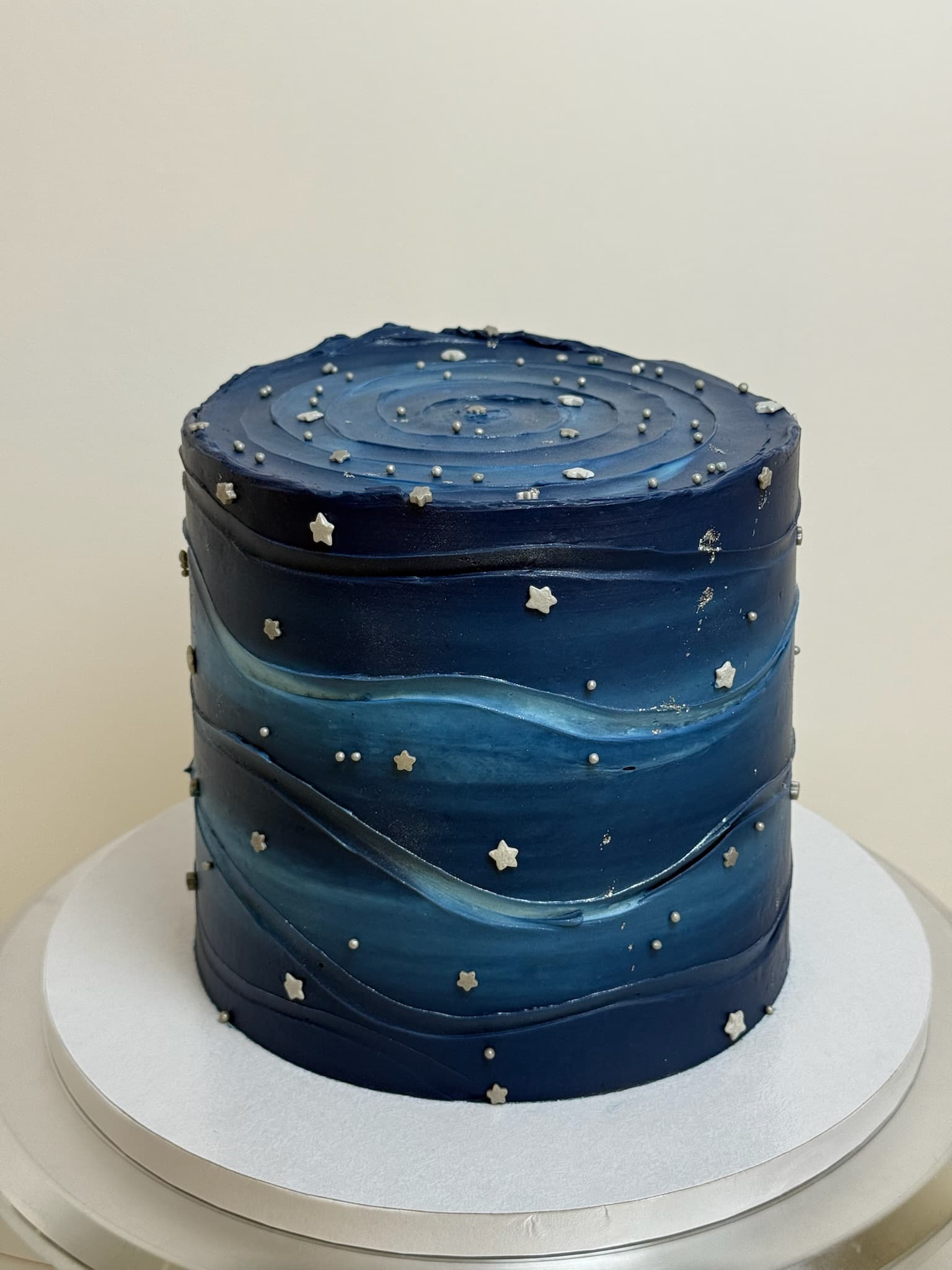 Navy galaxy and stars single tier cake